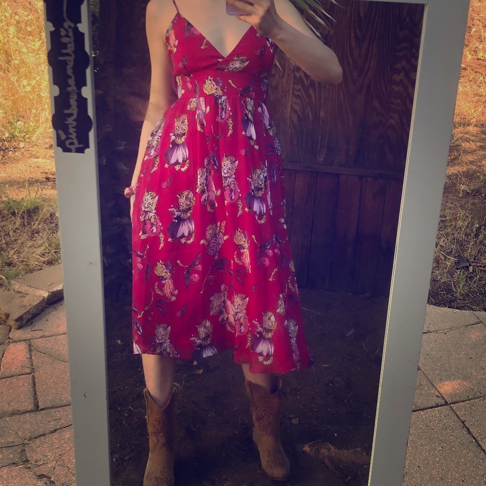 Betsey Johnson kitty cherry hot pink dress midi